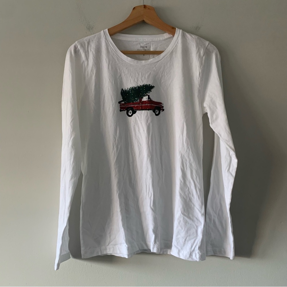 J.Crew Collector Tee Womens Small Truck Christmas Tree White Long Sleeve T Shirt